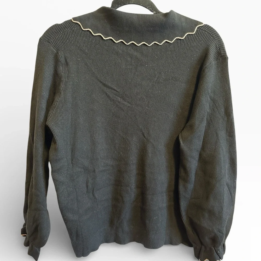 Ott Elegant Black V-Neck Sweater with Embroidered Edging NWT - Picture 4 of 4